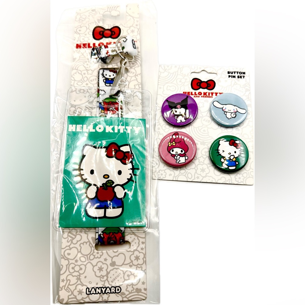 Hello Kitty Set of “Friends Button Pins” & a Lanyard Hello Kitty ID, NWOTs